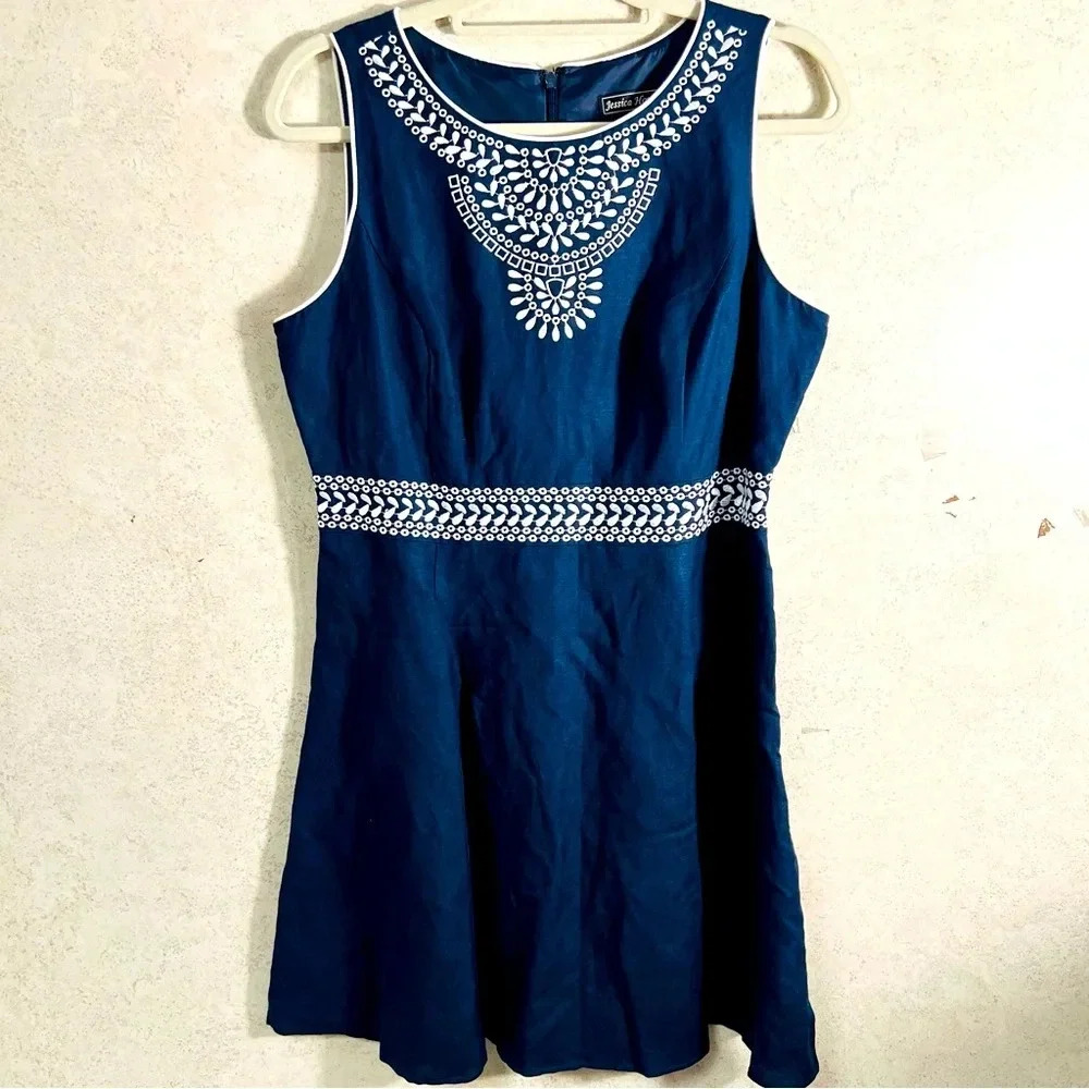 JESSICA HOWARD 12P WOMENS‎ LINED NAVY WHITE SLEEVELESS  EMBROIDERED SUMMER DRESS